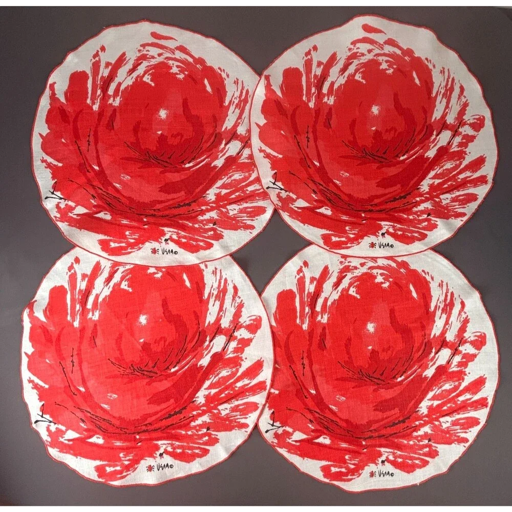 Vintage Vera Neumann Large Red Flower Linen Round Placemat Set of 4